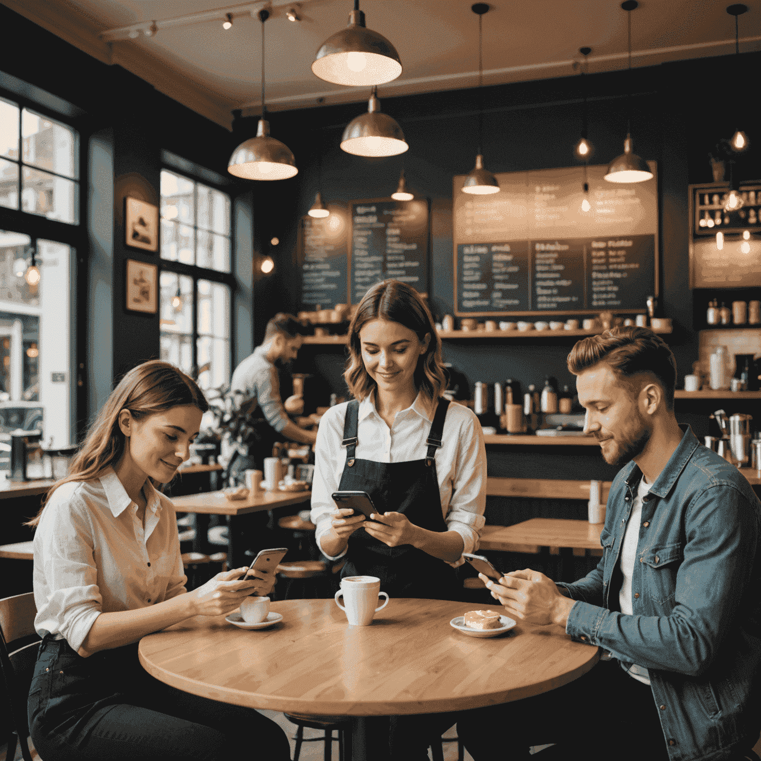 Ein modernes Café-Interieur mit Kunden, die eine Bestellungs-App auf ihren Smartphones nutzen