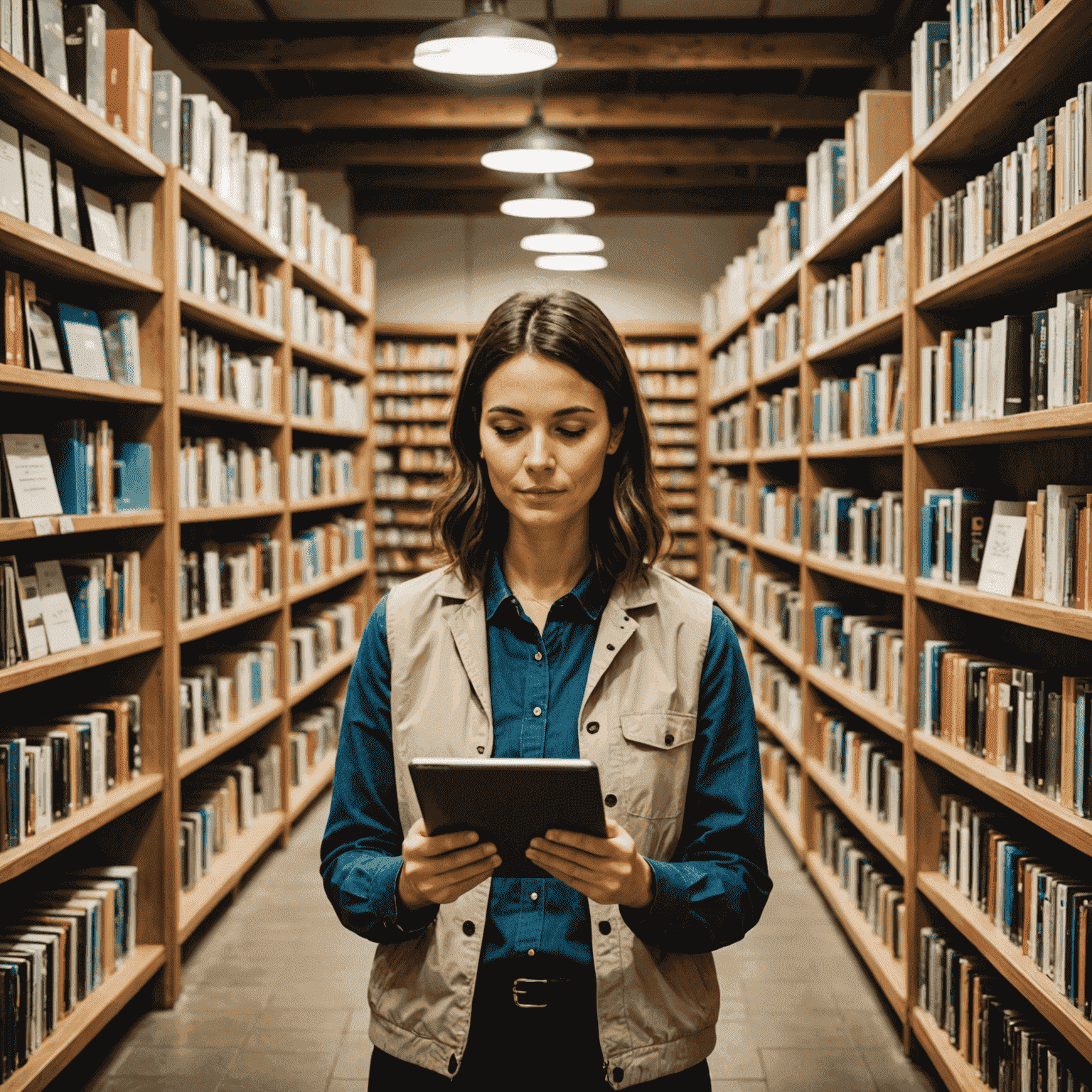 Innenansicht einer Buchhandlung mit einem Mitarbeiter, der ein Tablet zur Bestandsverwaltung nutzt
